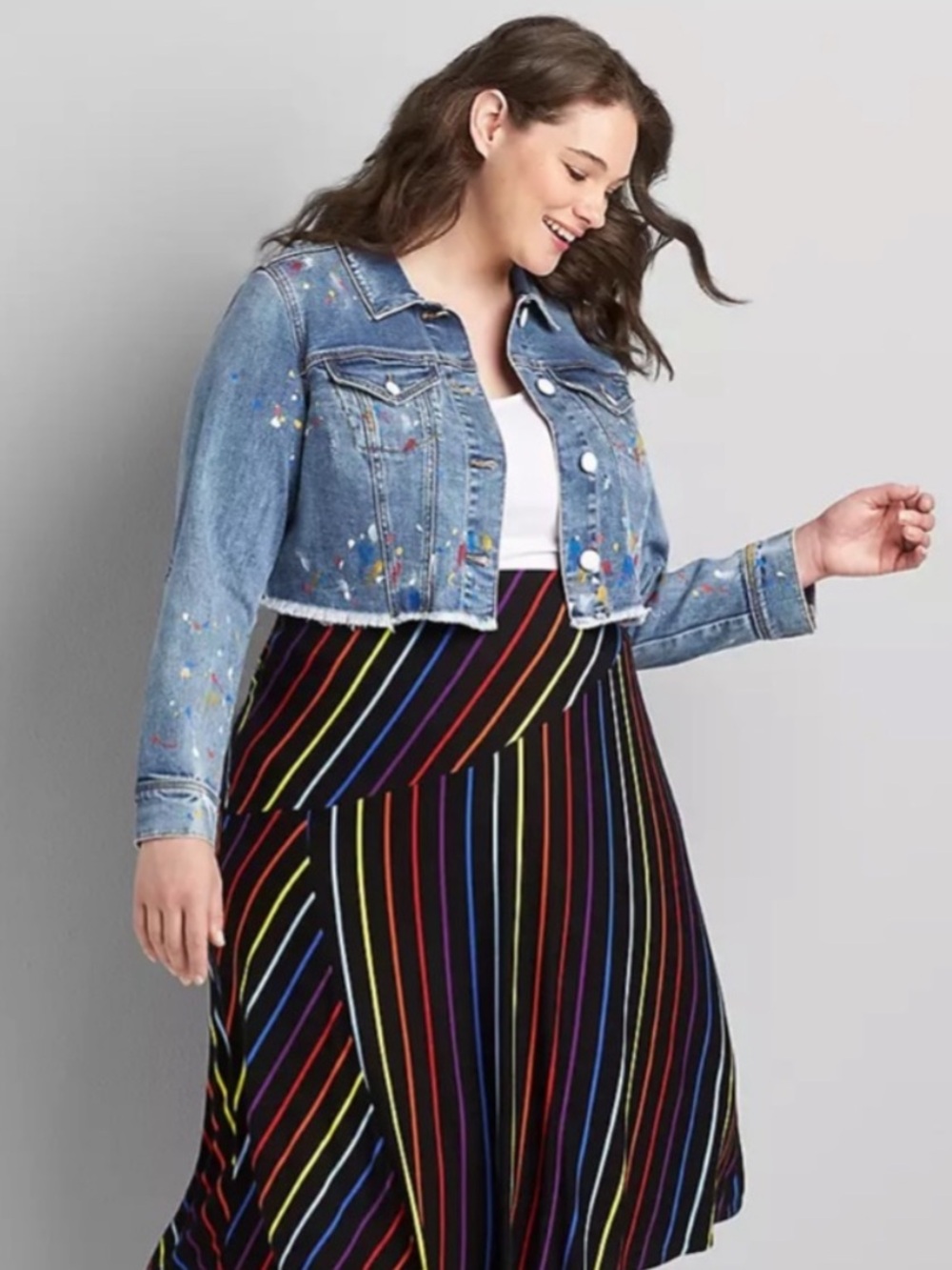 NEW Lane Bryant Womens Size 20 Paint Splatter Cropped Denim Blue Jean Jacket